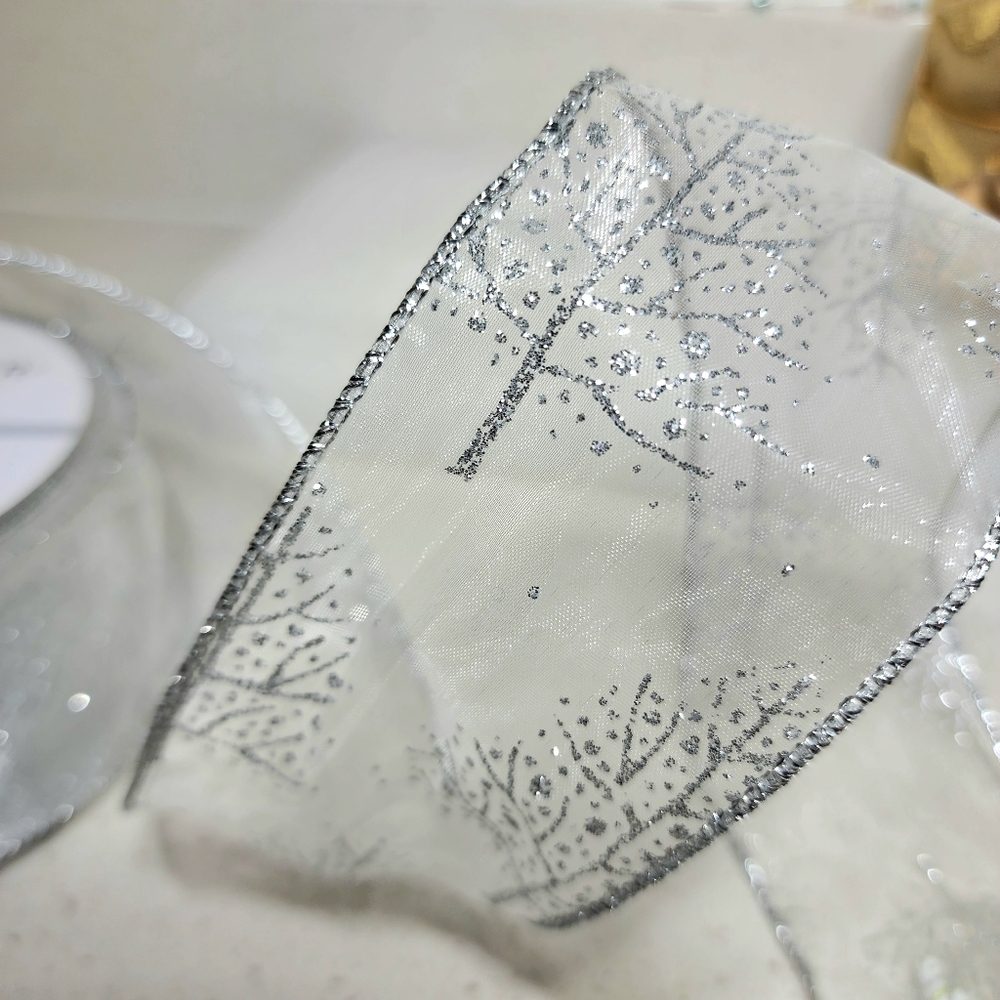 Wired Sheer Silver Ribbon With Glitter Christmas Trees - Picture 8 of 9